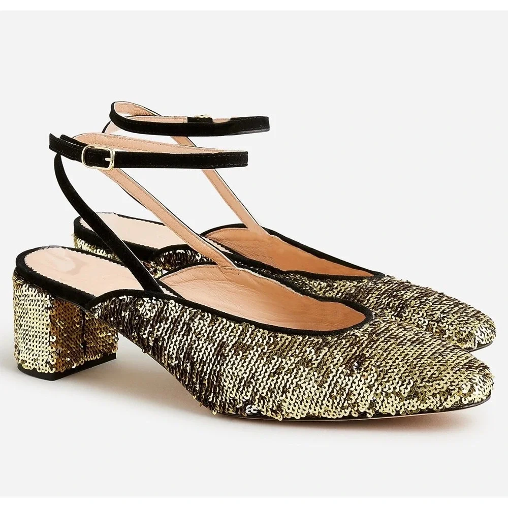 J.Crew Sequin Ankle Strap Pumps Gold Silver Block Heel 8.5 H2647